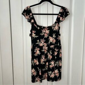 Torrid Black top with Pink and White Floral Accents flutter sleeve size 1